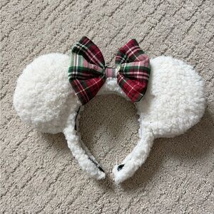 Holiday Fluffy White Minnie Ear Headband with Red Plaid Bow